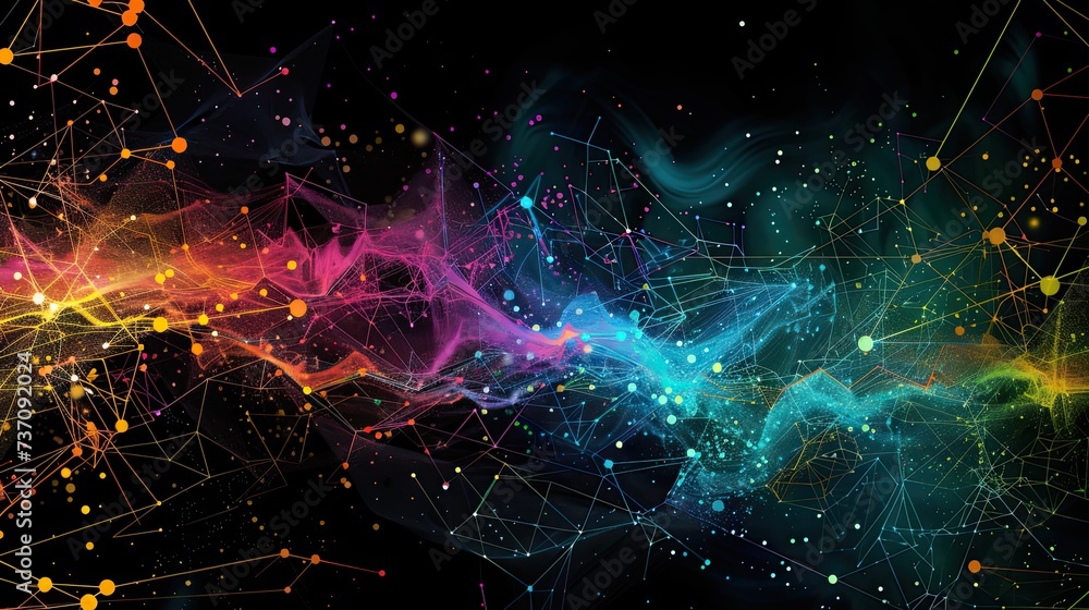 Poster a dark illustration of a technical system with colorful lines connecting different flow states