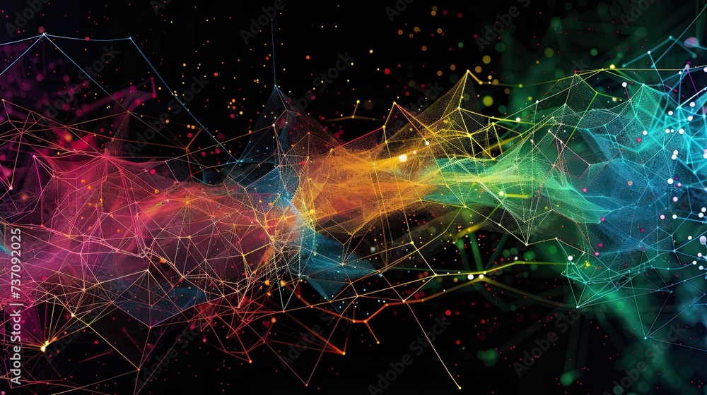Poster a dark illustration of a technical system with colorful lines connecting different flow states