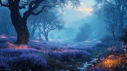 the enchantment of misty meadows illuminated by delicate lavender lights, capturing a whimsical and fairytale-like landscape