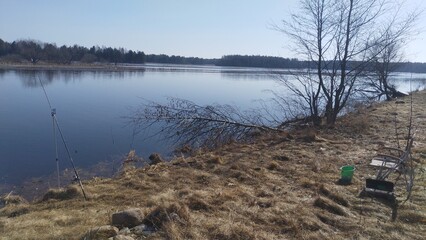 On the bank of the river on dry grass next to the trees is a folding fisherman's chair, a plastic bucket with bait and set on a stand feeder rod for bream fishing. Flood. On the far bank is a forest