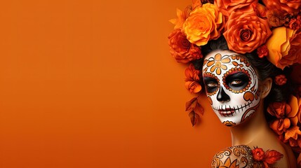 mexican day of the dead, creative on orange background copyspace, Generative AI - obrazy, fototapety, plakaty