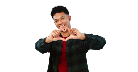Heart, hands and portrait of man for support, vote and feedback or isolated on transparent png background. Love, male person and emoji for kindness, peace and gratitude or appreciation and thank you