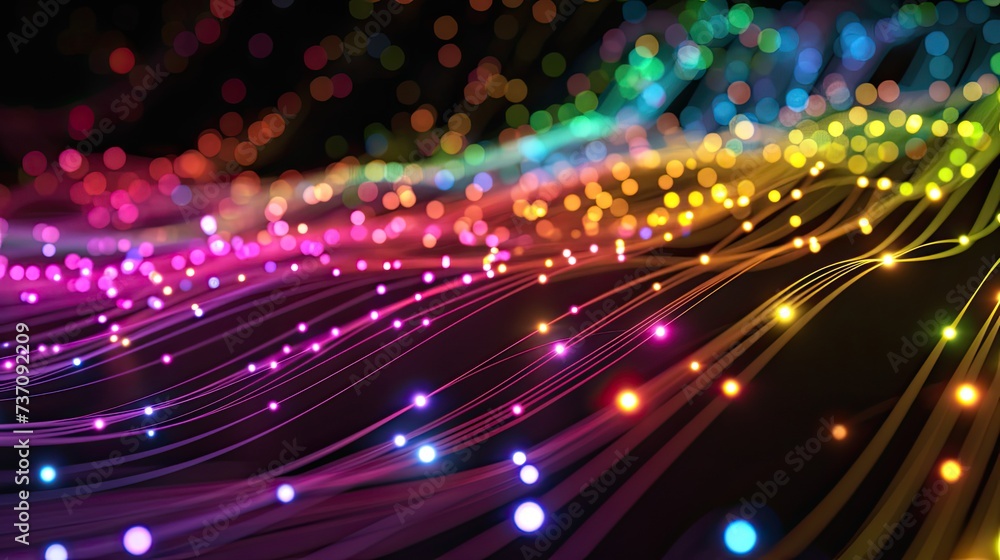 Poster a dark illustration of a technical system with colorful lines connecting different flow states