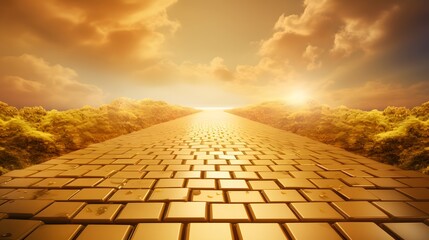 Investments, enrichment, path to wealth concept with golden yellow gold brick road. Golden path...