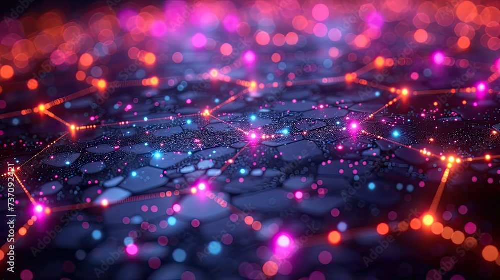 Poster a dark illustration of a technical system with colorful lines connecting different flow states