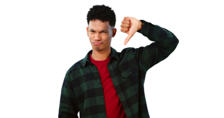 Thumbs down, fail and portrait of man, vote and bad review or isolated on transparent png background. Unhappy, male person and dislike emoji for mistake, feedback and rejection or symbol for disagree