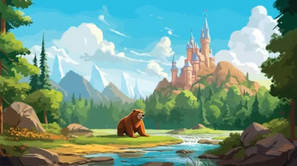 Poster Im Rahmen Cartoon nature scene with beautiful castle near. © Vector