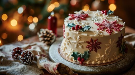 the festive spirit of a Christmas-themed cake, adorned with intricately designed snowflakes and holly leaves, set against a cozy holiday backdrop