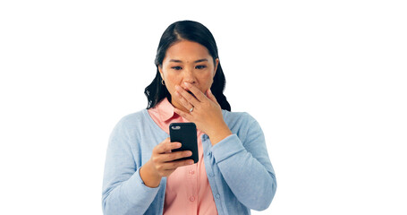Woman, shocked and reading fake news on cellphone, alarm and message of subscription to online scam. Japanese lady, surprise and notification on mobile app and isolated on transparent png background
