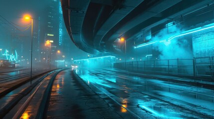 the futuristic allure of mist-covered highways with neon blue lights depicting a high-tech and cinematic urban environment
