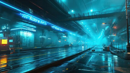 the futuristic allure of mist-covered highways with neon blue lights, depicting a high-tech and cinematic urban environment