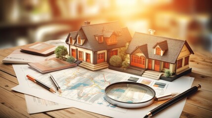 the importance of due diligence in a property home buying strategy with an image showcasing research tools, magnifying glass, and strategic investigation - obrazy, fototapety, plakaty