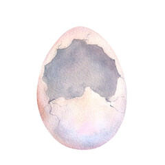Easter broken egg watercolor illustration isolated on white background. Blue egg hand drawn neutral color. Element for design Easter decoration.
