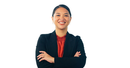 Asian, business woman and arms crossed in portrait for corporate career isolated on png transparent background. Professional, consultant at Japanese consultancy agency and confidence with pride
