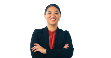 Asian, business woman and arms crossed in portrait for corporate career isolated on png transparent background. Professional, consultant at Japanese consultancy agency and confidence with pride