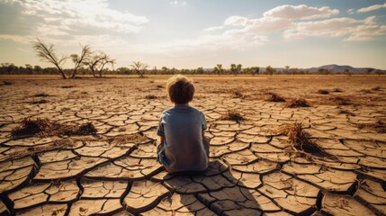 cracked scorched earth soil drought desert landscape with small child sitting contemplating looking - obrazy, fototapety, plakaty