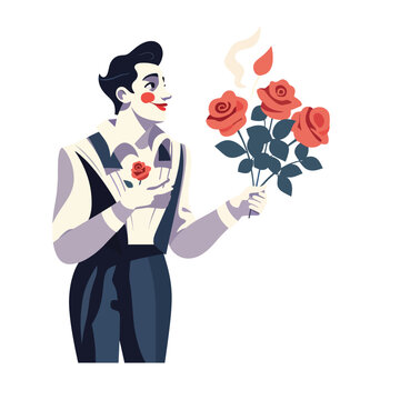 French mime giving flower. Comic artist performing.