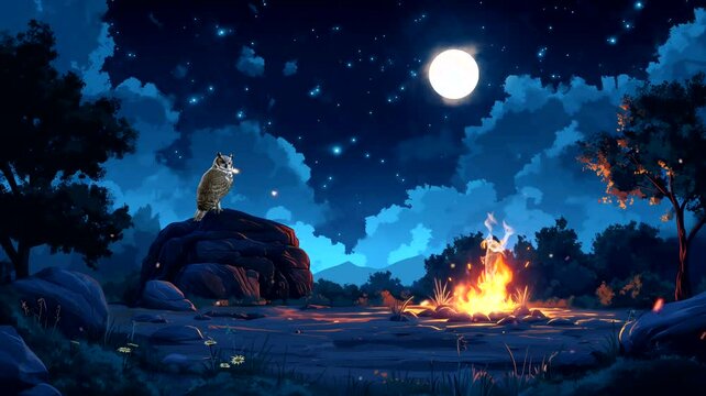 An owl with bonfire in the night at full moon. Seamless looping time-lapse 4k video animation background