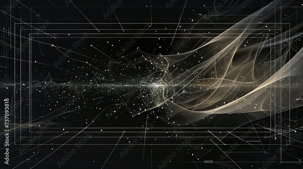 Poster a dark of a technical system with lines connecting different flow states