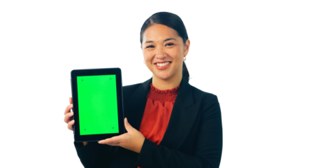 Green screen, tablet and business woman in portrait, social media and isolated on transparent png background. Digital, presentation and asian female person with mockup space, info and announcement