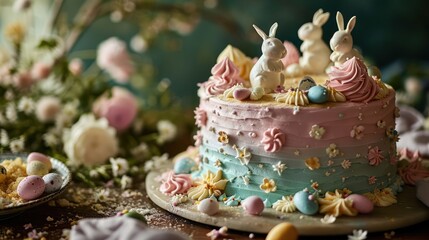 the joy of a Easter-themed cake featuring pastel colors, bunny motifs, and spring-inspired decorations, set against a blooming garden backdrop