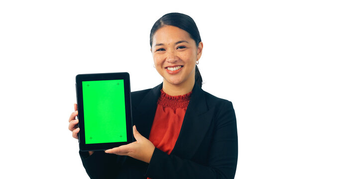 Green screen, tablet and business woman in portrait, social media and isolated on transparent png background. Digital, presentation and asian female person with mockup space, info and announcement