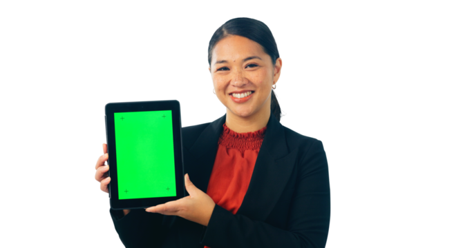 Green screen, tablet and business woman in portrait, social media and isolated on transparent png background. Digital, presentation and asian female person with mockup space, info and announcement