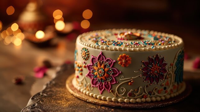 the joy of a Diwali-themed cake, adorned with vibrant colors, intricate patterns, and traditional symbols, set against a warm and festive background