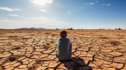 cracked scorched earth soil drought desert landscape with small child sitting contemplating looking
