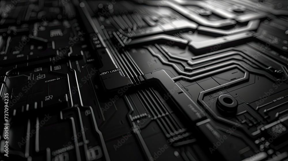 Poster a dark of a technical system with lines connecting different flow states