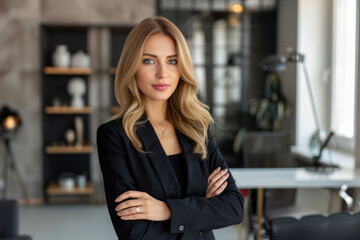 Young woman, professional entrepreneur standing in office clothing, smiling and looking confident, white office background. Happy woman professional posing in modern coworking office space.