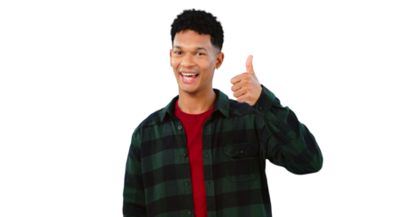 Portrait, studio or happy man with thumbs up sign isolated on transparent png background. Smile, review or confident person with pride, feedback or positive hands gesture for approval or agreement