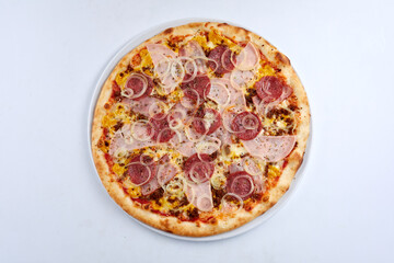 tasty pizza with sausage, top view