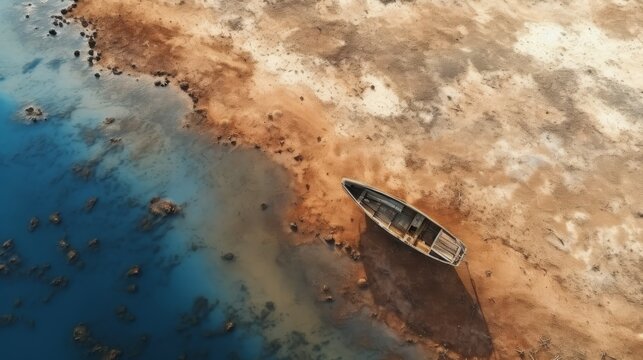 aerial view cracked scorched earth soil drought desert landscape with small fishing boat