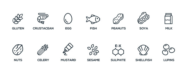 Simple Isolated Vector Logo Set Badge Ingredient Warning Label. Black and white Allergens icons. Food Intolerance. The 14 allergens required to declare written in english