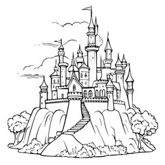 Line art castle, castle vector, silhouette, jpg, eps,castle, architecture, building, vector, house, church, illustration, city, sketch, cartoon, tower, drawing, old, design, europe, medieval, travel, 