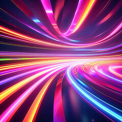 3d render. Abstract panoramic background of twisted dynamic neon lines glowing