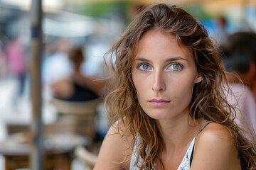 Fototapeta premium Portrait of a young Parisian woman sitting outside in a café somewhere in Paris. Created with Generative AI technology