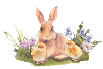 Watercolor peach rabbit is sitting in the grass.. Easter bunny with bouquet flowers and yellow chicken. Template for designs , card, wallpaper.