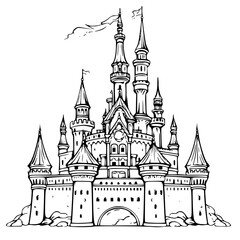Fototapeta premium architecture, castle, church, building, tower, city, house, cathedral, europe, vector, drawing, travel, old, illustration, sky, sketch, religion, medieval, cartoon, palace, landmark, town, design, 