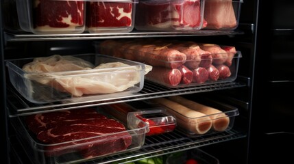 meat food on the shelves of the fridge - obrazy, fototapety, plakaty