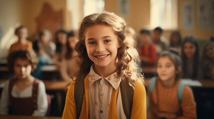 A pretty smiling girl , at school, stand in a classroom, look at camera