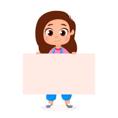 Child holding blank banner, paper sheet in hands. Happy smiling girl kid standing, showing empty clean placard for advertising, promotion. Vector illustration isolated on white background