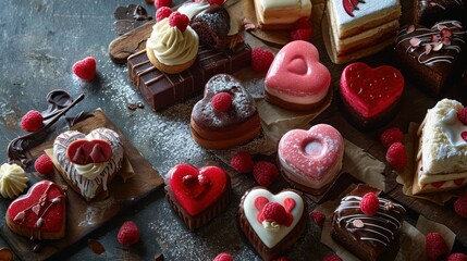 the sweetness of beautiful romantic Day desserts with a visually appealing arrangement of heart-shaped cakes and pastries