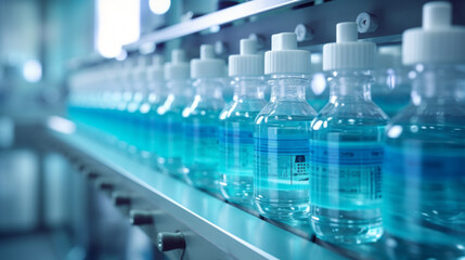 Mass production of vaccines in vials with branded labels in a modern pharmaceutical factory with automatic conveyors. Science, Medicine, Biotechnology, Microbiology, Healthcare concepts. - obrazy, fototapety, plakaty