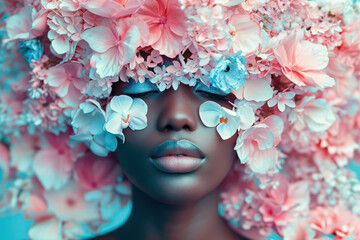 Fresh Blossoms: A Romantic Summer Portrait of a Beautiful Young Woman with Curly Hair and Attractive Features, surrounded by Pink Flowers in a White Studio Background. - obrazy, fototapety, plakaty