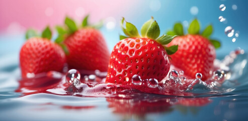 Pink fresh watery strawberries in water with splash and bubbles background, freshness happy summer...