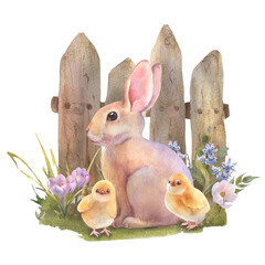 Watercolor little peach rabbit is sitting in the grass over wooden fence. Easter bunny with bouquet flowers and yellow chicken. Template for designs , card, wallpaper