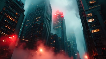the urban drama of fog-enveloped skyscrapers under dramatic red lights, depicting a cinematic and intense cityscape