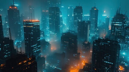 the urban mystery of city skylines immersed in fog, complemented by futuristic cyan lights, depicting a sci-fi inspired metropolis